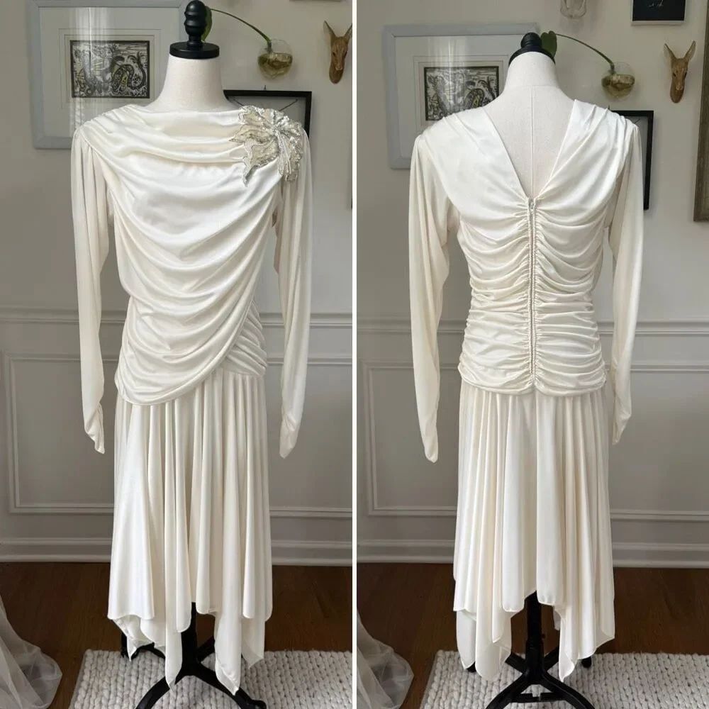 Vintage 80s Susan Roselli for Vijack Grecian Goddess Slinky Dress Ivory Rhinesto